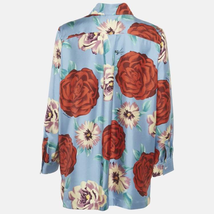 Pre Owned Salvatore Ferragamo Blue Rose Print Silk Long Sleeve Shirt M