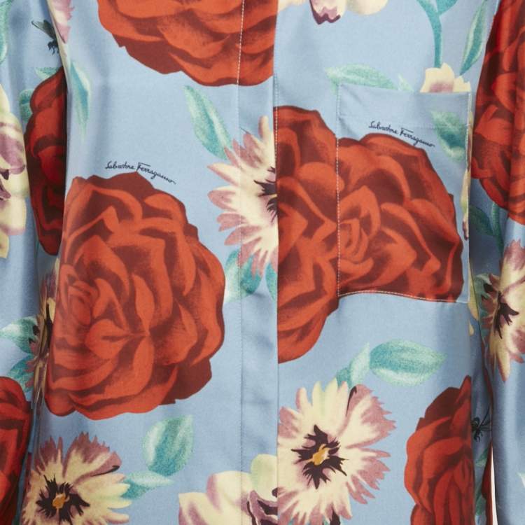 Pre Owned Salvatore Ferragamo Blue Rose Print Silk Long Sleeve Shirt M