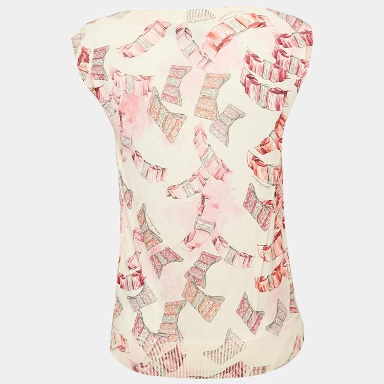 Pre Owned Salvatore Ferragamo Cream Printed Silk Knit Sleeveless M