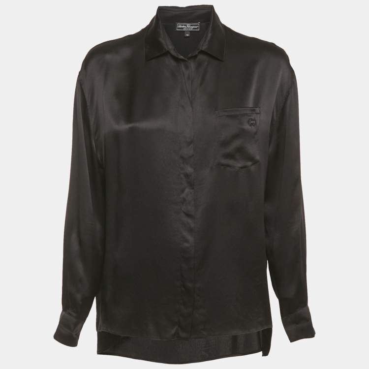 Pre Owned Salvatore Ferragamo Black Satin Long Sleeve Shirt M