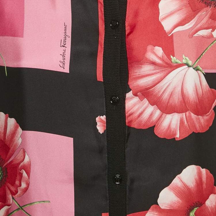 Pre Owned Salvatore Ferragamo Black Wool & Silk Floral Print Cardigan S