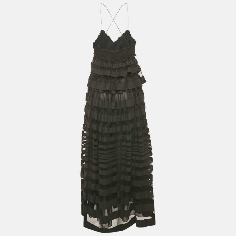 Pre Owned Salvatore Ferragamo Black Ruffled Sleeveless Long Dress S