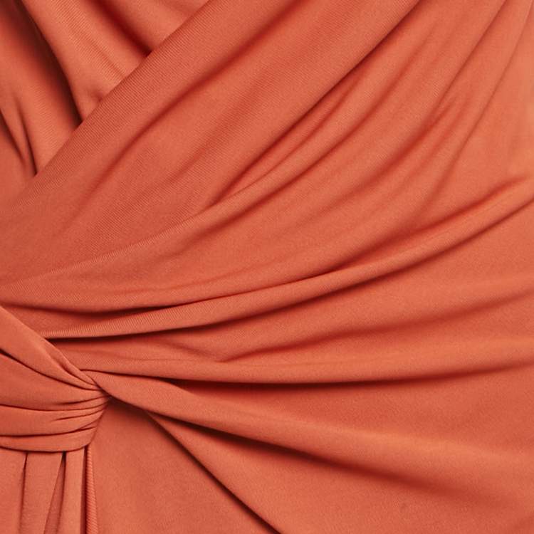 Pre Owned Salvatore Ferragamo Orange Jersey Plunging Neck Midi Dress S