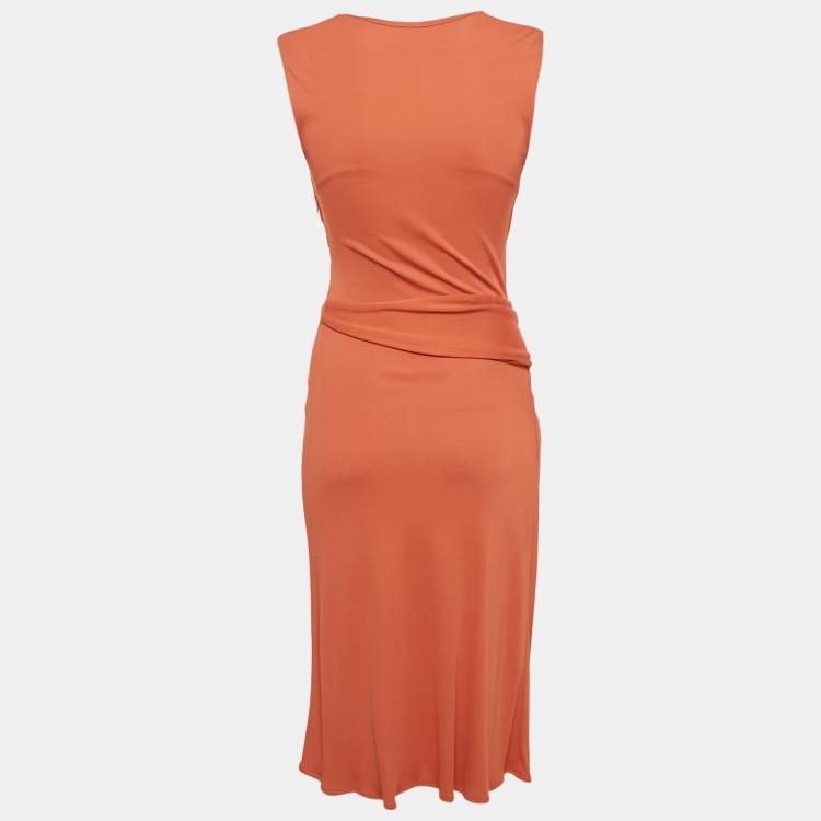 Pre Owned Salvatore Ferragamo Orange Jersey Plunging Neck Midi Dress S