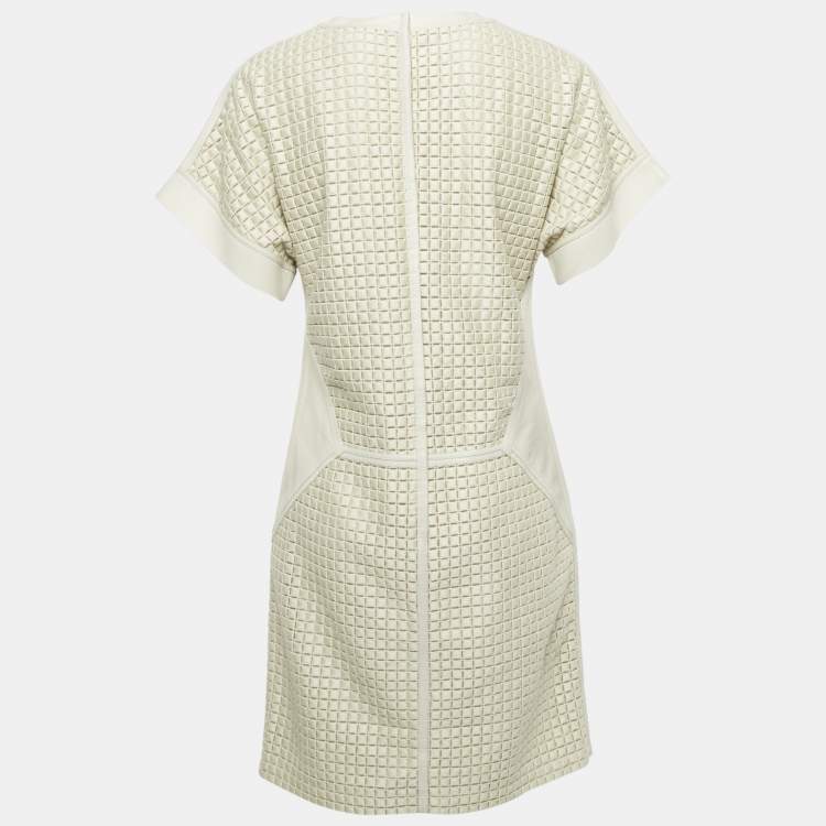 Pre Owned Salvatore Ferragamo Light Grey Patterned Cotton and Leather Short Dress M 