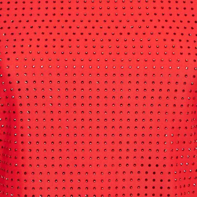 Pre Owned Salvatore Ferragamo Red Stud Embellished Jersey Long Sleeve Top L