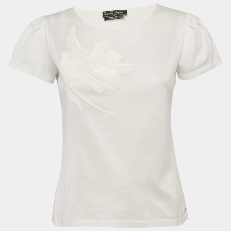 مملوكة مسبقًا Salvatore Ferragamo White Sequin Embellished Jersey T-Shirt M