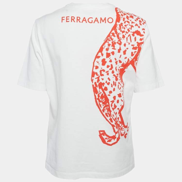 Pre Owned Salvatore Ferragamo White/Red Leopard Print Cotton T-Shirt S