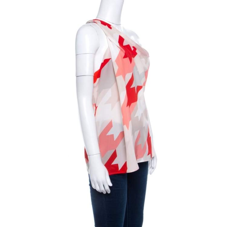 Pre Owned Salvatore Ferragamo Multicolor Houndstooth Pattern One Shoulder Asymmetric Silk Top M