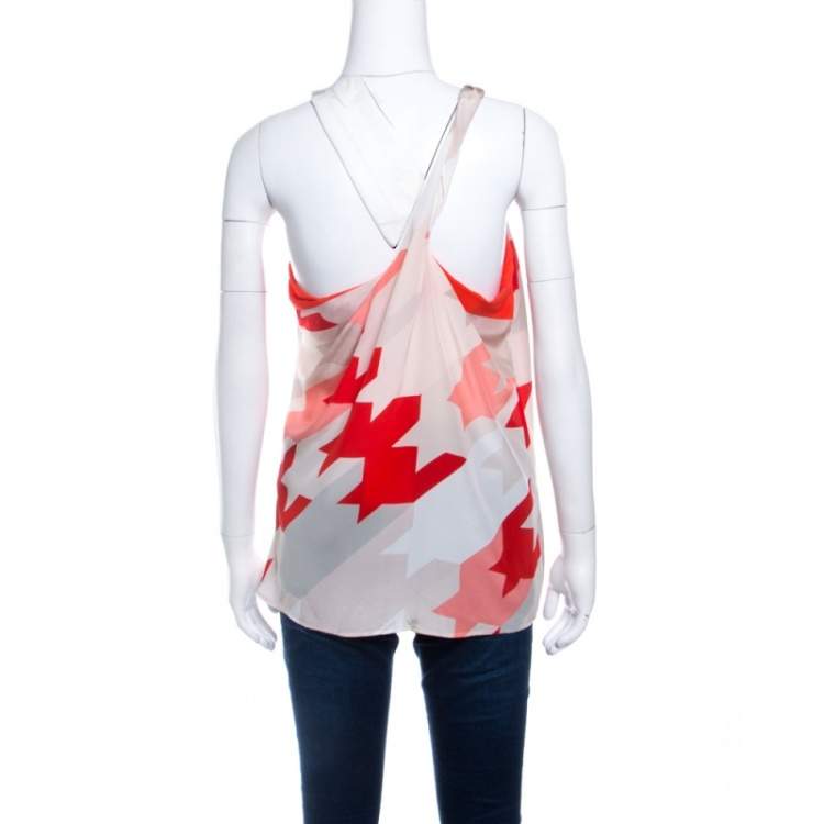 Pre Owned Salvatore Ferragamo Multicolor Houndstooth Pattern One Shoulder Asymmetric Silk Top M