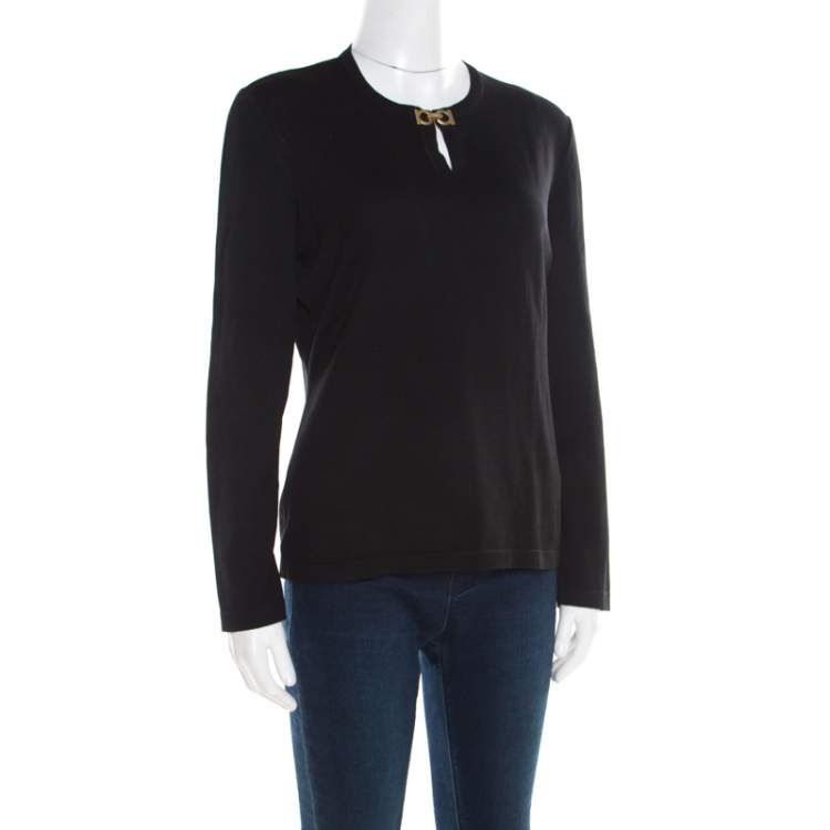 Pre Owned Salvatore Ferragamo Black Cotton Knit Double Gancini Clasp Detail Sweater M