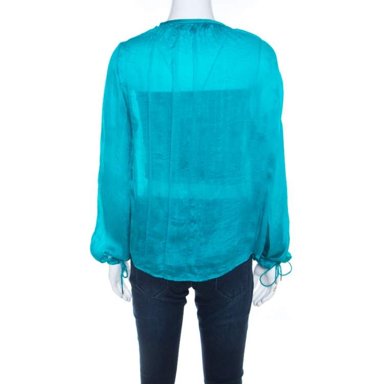 Pre Owned Salvatore Ferragamo Teal Blue Silk Plisse Long Sleeve Shirt S
