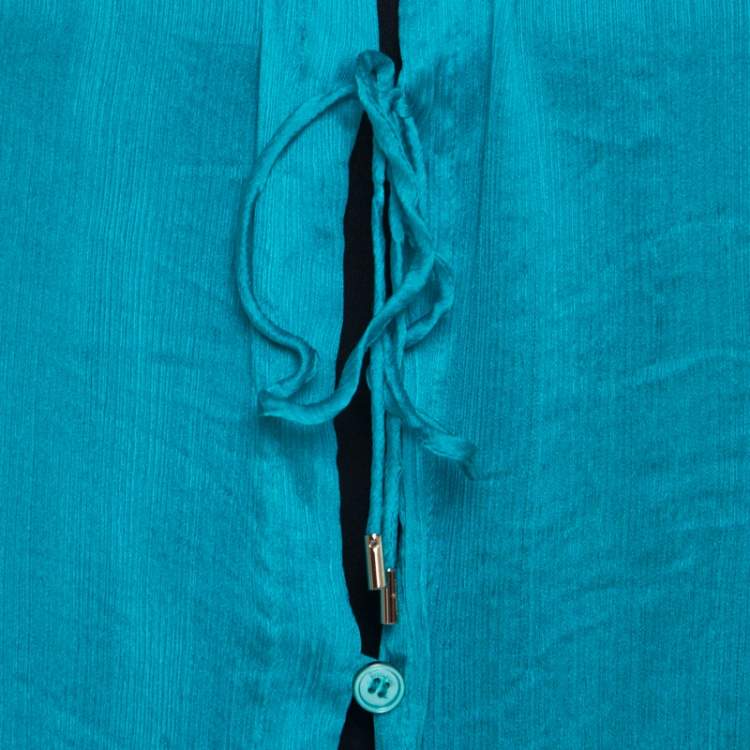 Pre Owned Salvatore Ferragamo Teal Blue Silk Plisse Long Sleeve Shirt S