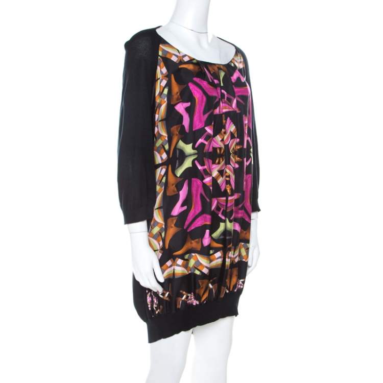 Pre Owned Salvatore Ferragamo Multicolor Printed Silk and Knit Long Sleeve Dress S 