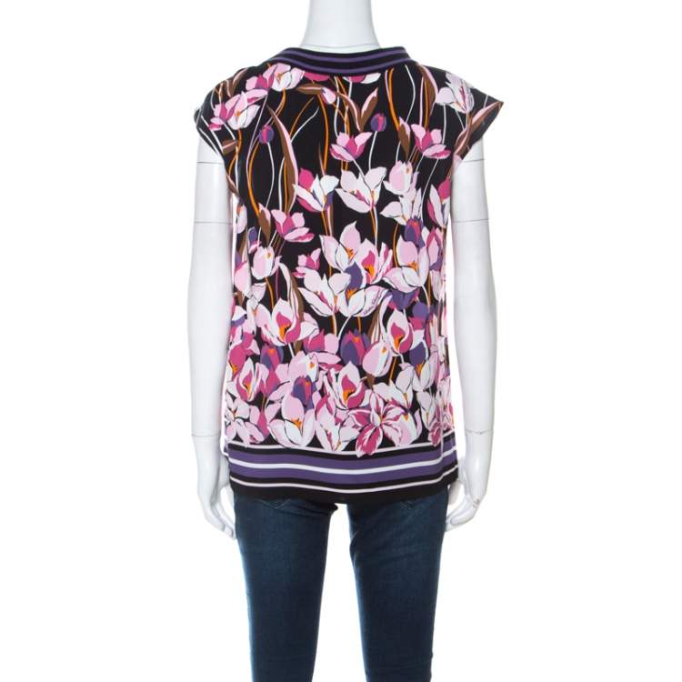 Pre Owned Salvatore Ferragamo Multicolor Floral Print Silk Ribbed Trim Blouse S