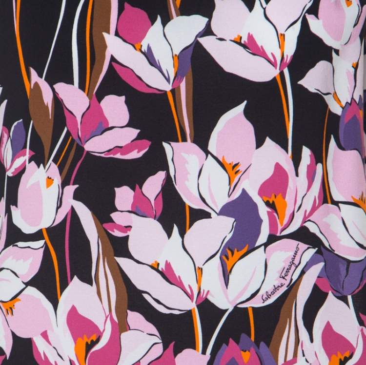 Pre Owned Salvatore Ferragamo Multicolor Floral Print Silk Ribbed Trim Blouse S