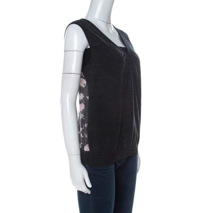 Pre Owned Salvatore Ferragamo Charcoal Grey Knit and Floral Printed Silk Sleeveless Top XL