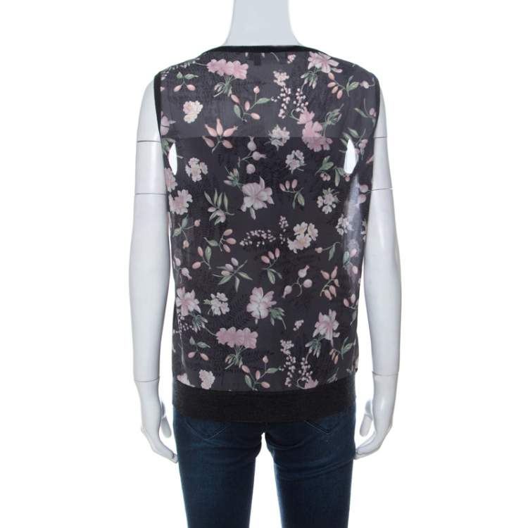 Pre Owned Salvatore Ferragamo Charcoal Grey Knit and Floral Printed Silk Sleeveless Top XL