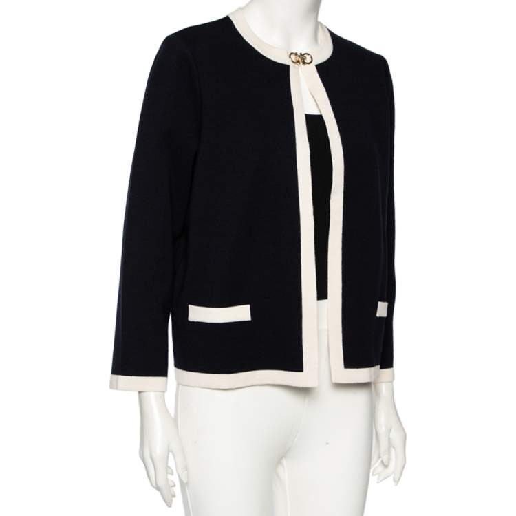Pre Owned Salvatore Ferragamo Midnight Blue Knit Gancini Buckled Collar Detail Jacket L