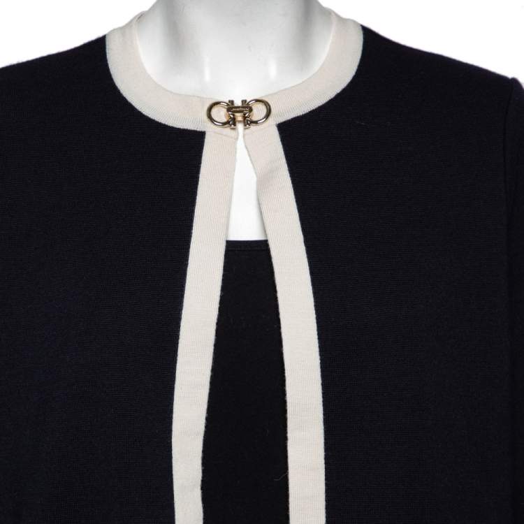 Pre Owned Salvatore Ferragamo Midnight Blue Knit Gancini Buckled Collar Detail Jacket L