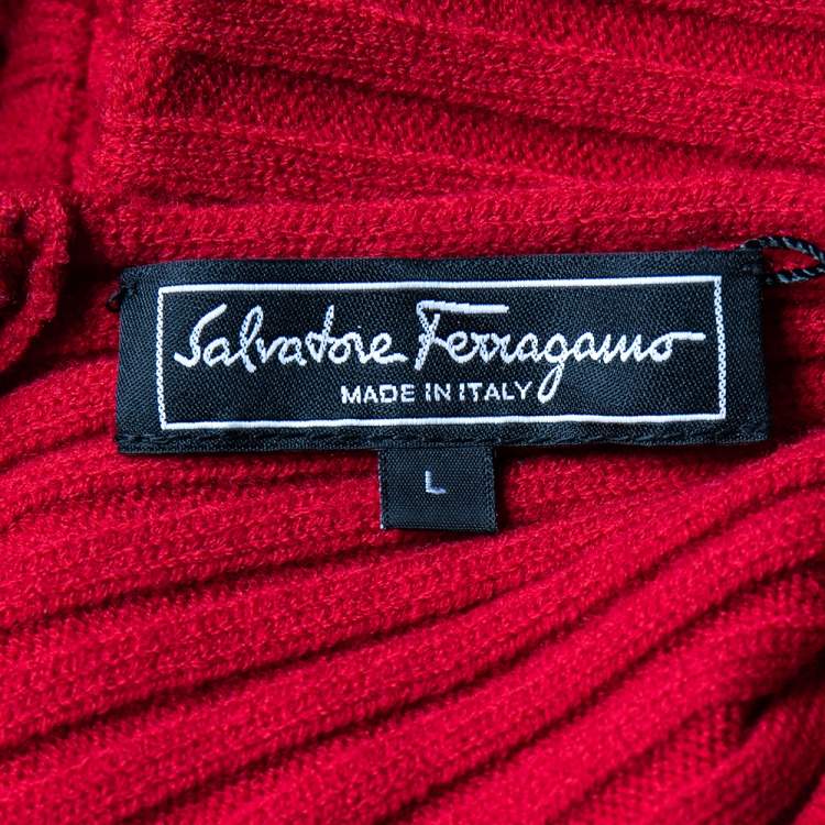 Pre Owned Salvatore Ferragamo Red Rib Knit Paneled Maxi Dress L