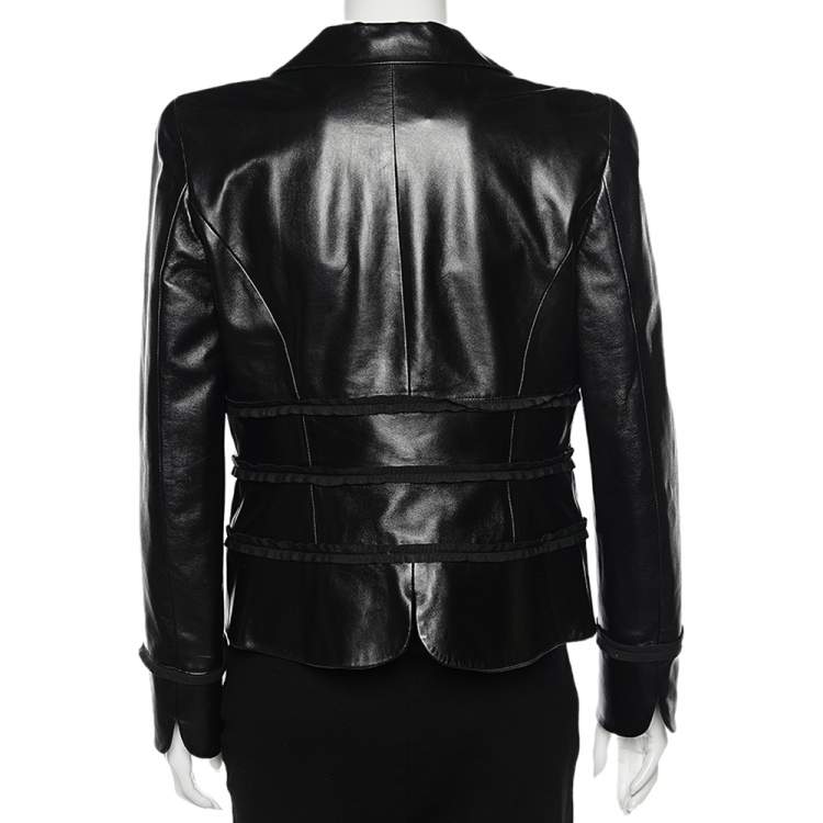 Pre Owned Salvatore Ferragamo Black Leather Trim Detail Button Front Blazer Jacket L