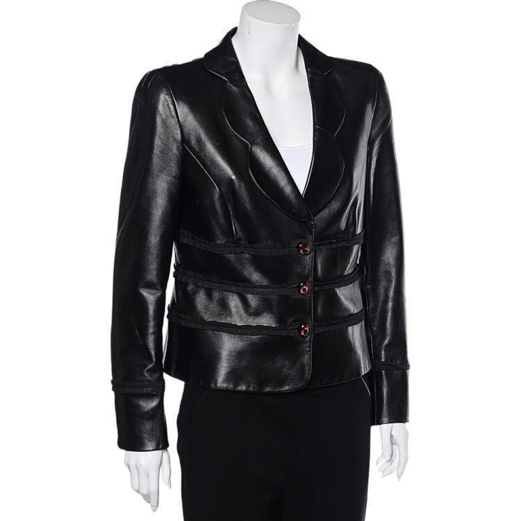 Pre Owned Salvatore Ferragamo Black Leather Trim Detail Button Front Blazer Jacket L