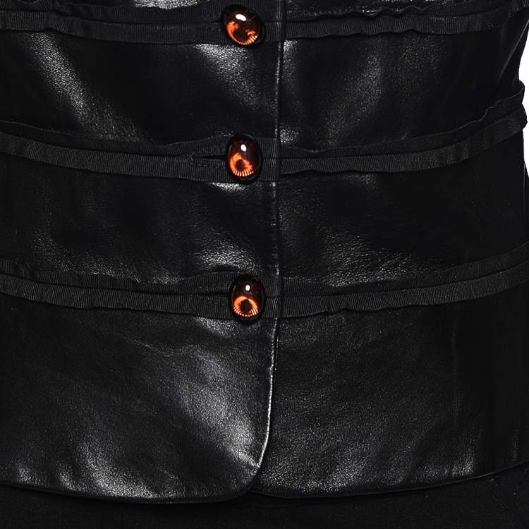 Pre Owned Salvatore Ferragamo Black Leather Trim Detail Button Front Blazer Jacket L