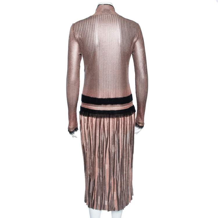 Pre Owned Salvatore Ferragamo Rose Gold Lurex Knit & Coated Long Sleeve Pleated Dress M