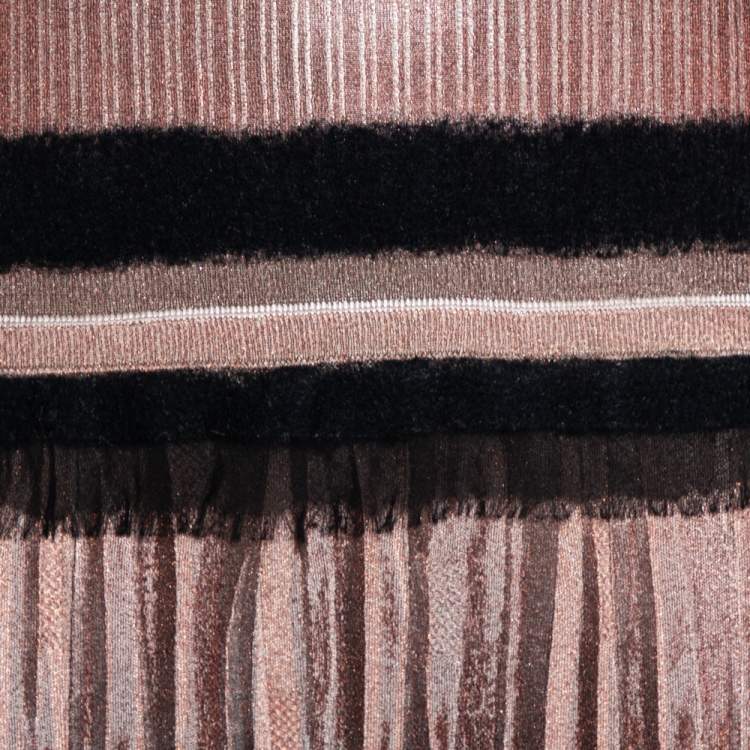 Pre Owned Salvatore Ferragamo Rose Gold Lurex Knit & Coated Long Sleeve Pleated Dress M
