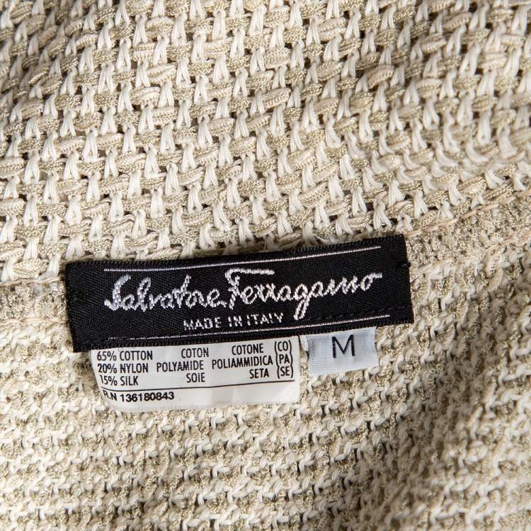 Pre Owned Salvatore Ferragamo Cream Perforated Knit Button Front Cardigan M