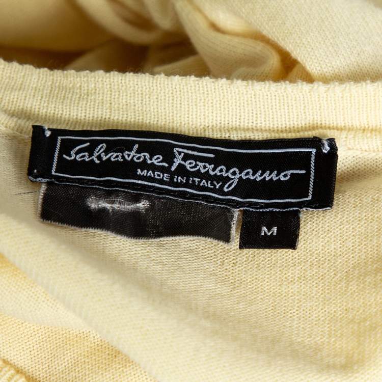 Pre Owned Salvatore Ferragamo Yellow Printed Silk & Knit Short Sleeve Top M