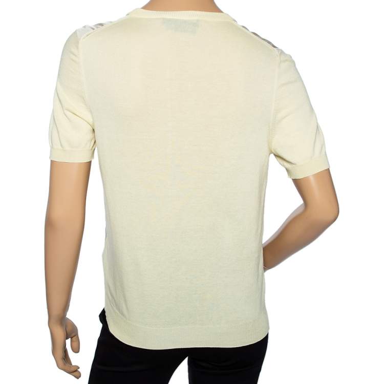 Pre Owned Salvatore Ferragamo Yellow Printed Silk & Knit Short Sleeve Top M