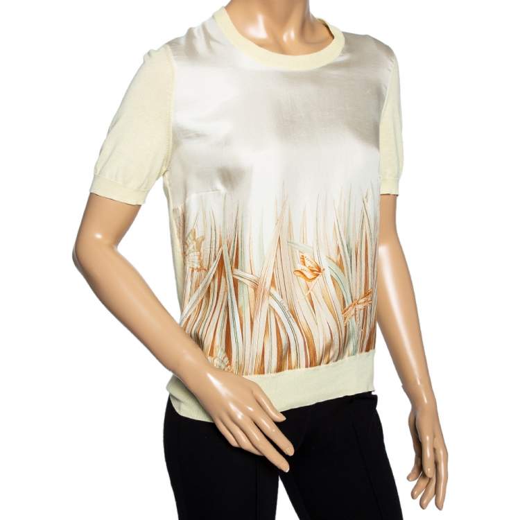 Pre Owned Salvatore Ferragamo Yellow Printed Silk & Knit Short Sleeve Top M