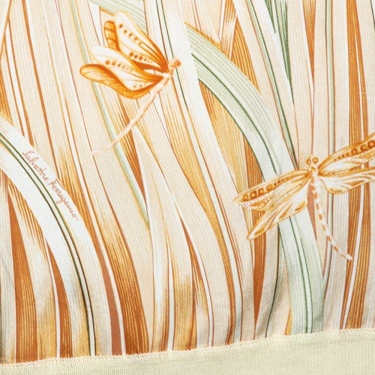 Pre Owned Salvatore Ferragamo Yellow Printed Silk & Knit Short Sleeve Top M