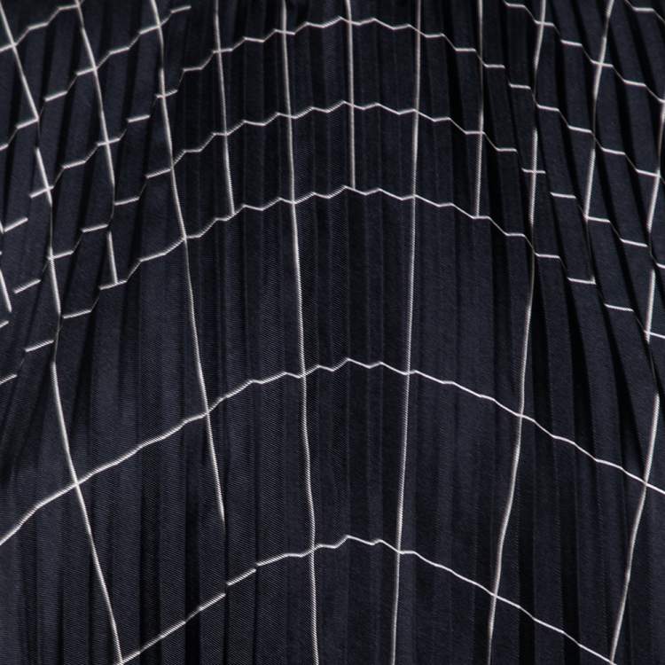 Pre Owned Salvatore Ferragamo Navy Blue Windowpane Printed Silk Pleated Top M