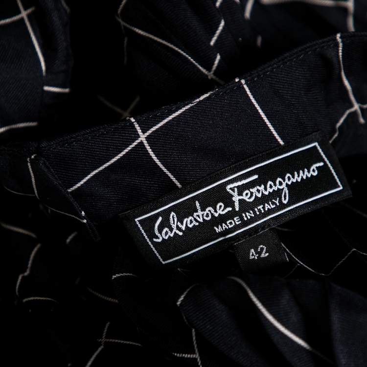 Pre Owned Salvatore Ferragamo Navy Blue Windowpane Printed Silk Pleated Top M