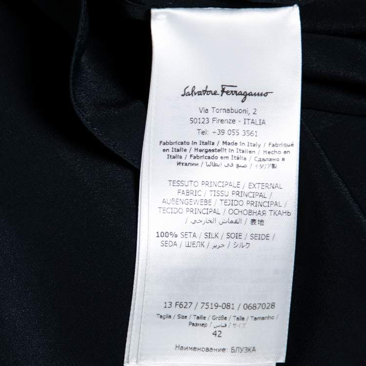 Pre Owned Salvatore Ferragamo Navy Blue Windowpane Printed Silk Pleated Top M