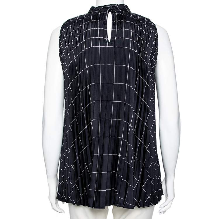 Pre Owned Salvatore Ferragamo Navy Blue Windowpane Printed Silk Pleated Top M