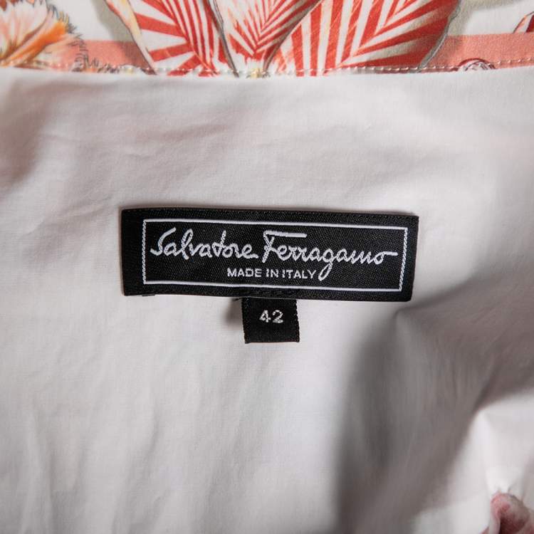 Pre Owned Salvatore Ferragamo Multicolor Printed Cotton Belted Long Sleeve Shirt Dress M