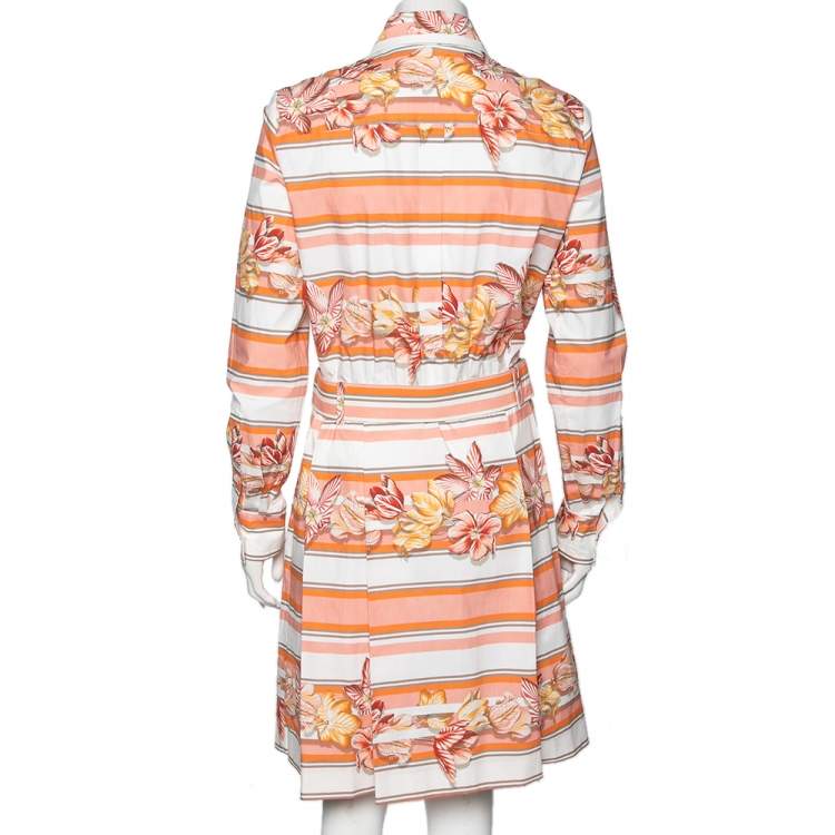 Pre Owned Salvatore Ferragamo Multicolor Printed Cotton Belted Long Sleeve Shirt Dress M