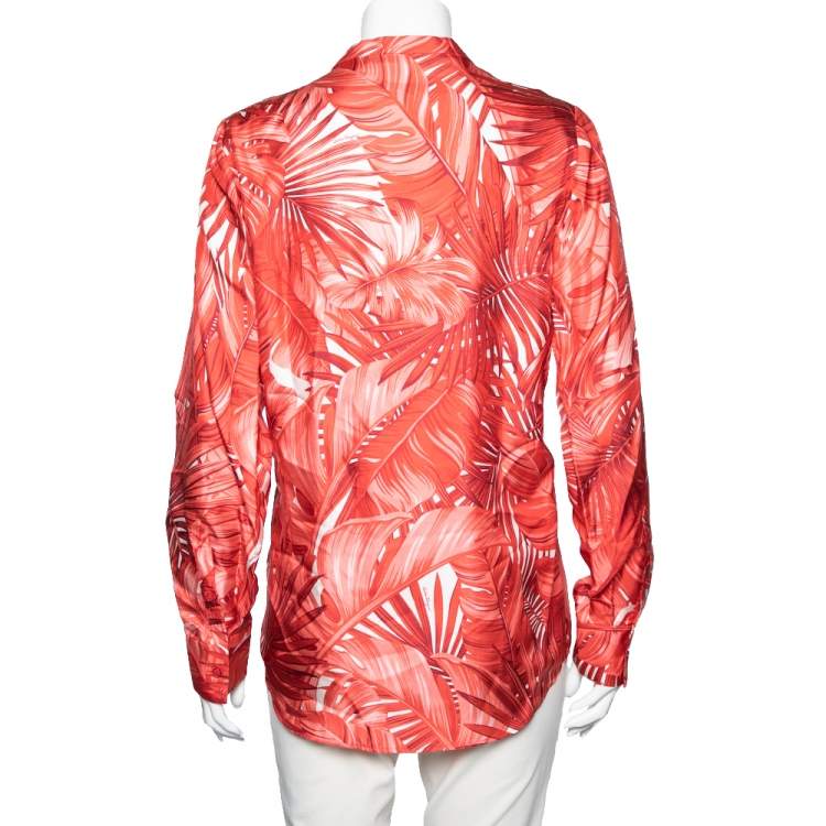 Pre Owned Salvatore Ferragamo Red Leaf Printed Silk Long Sleeve Blouse M