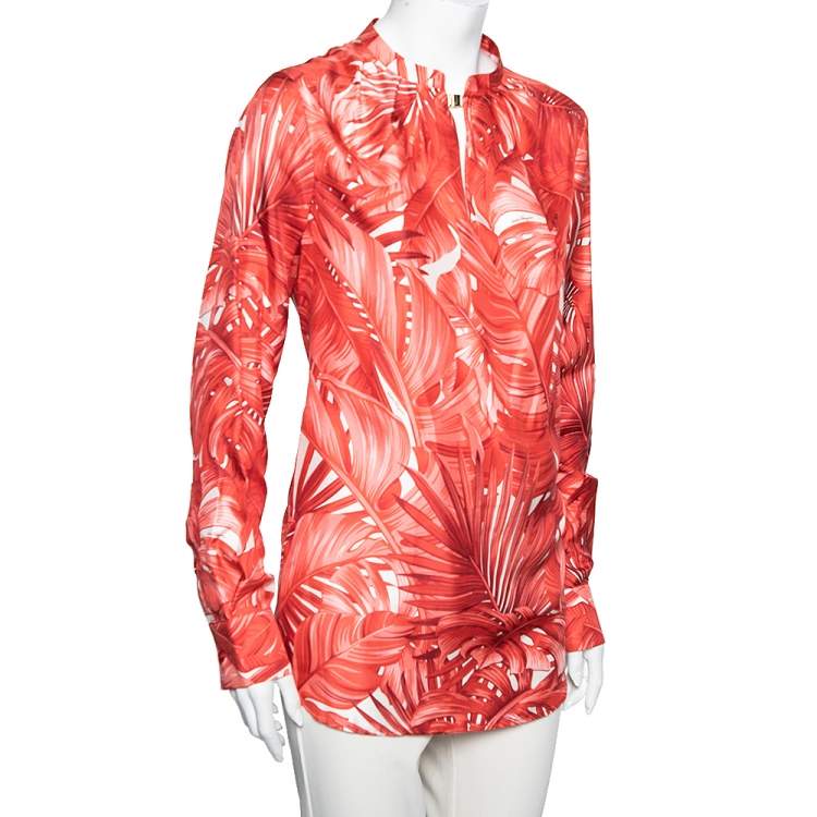 Pre Owned Salvatore Ferragamo Red Leaf Printed Silk Long Sleeve Blouse M