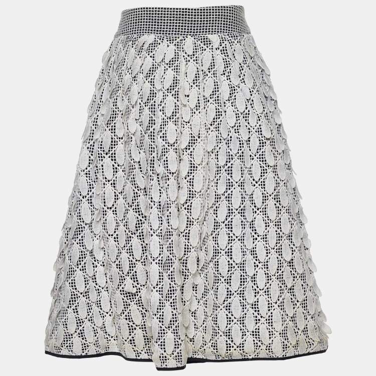 Pre Owned Salvatore Ferragamo Monochrome Cotton Petal Applique Pleated Skirt M