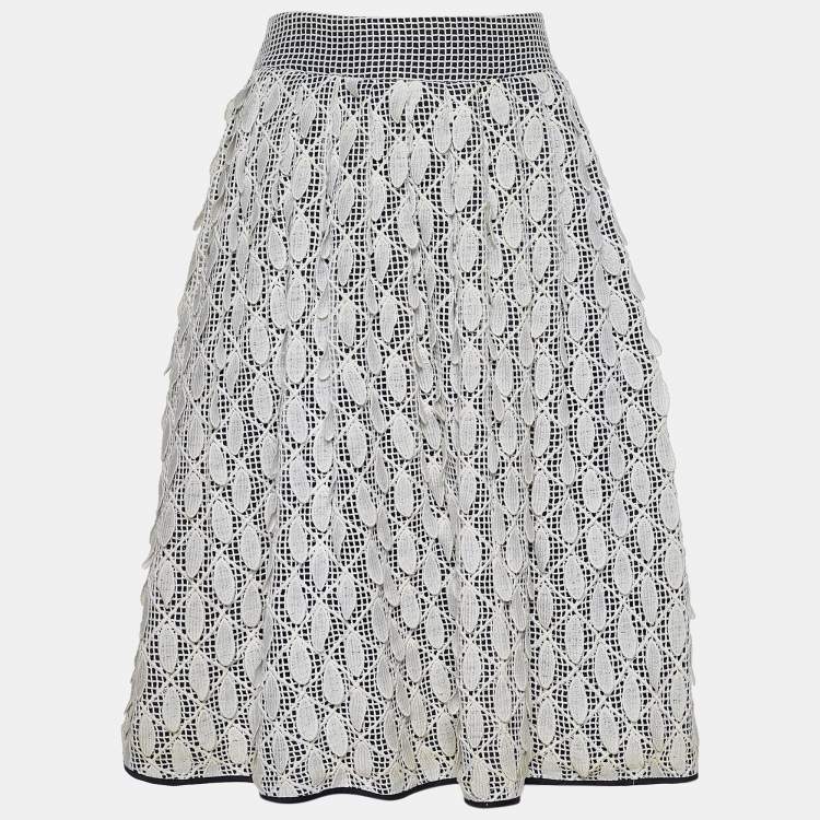 Pre Owned Salvatore Ferragamo Monochrome Cotton Petal Applique Pleated Skirt M