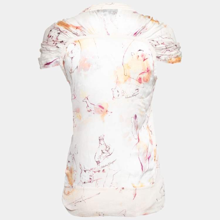 Pre Owned Salvatore Ferragamo Cream Printed Silk Knit V-Neck Top S
