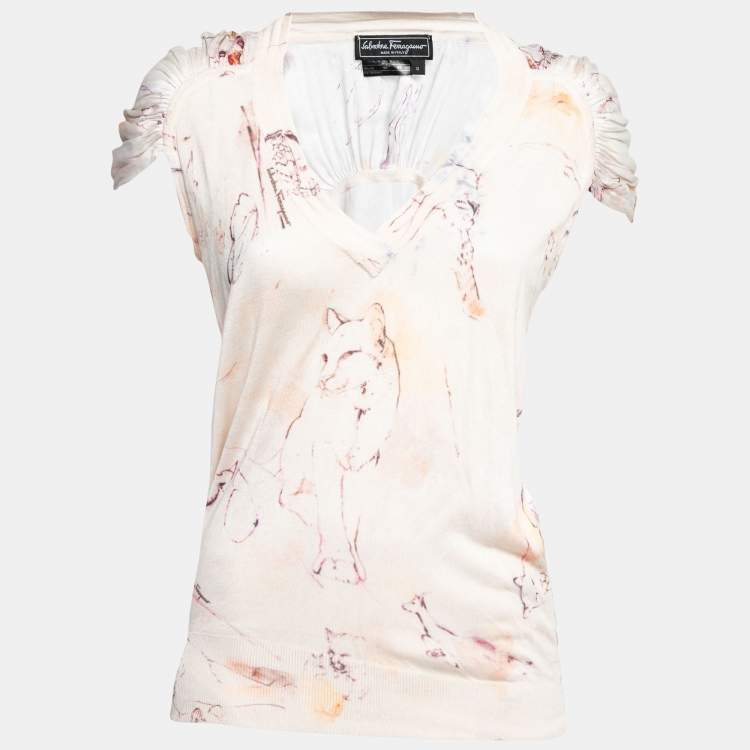 Pre Owned Salvatore Ferragamo Cream Printed Silk Knit V-Neck Top S