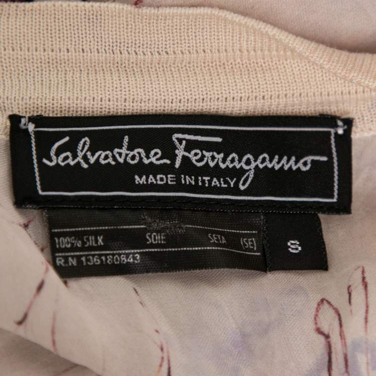 Pre Owned Salvatore Ferragamo Cream Printed Silk Knit V-Neck Top S