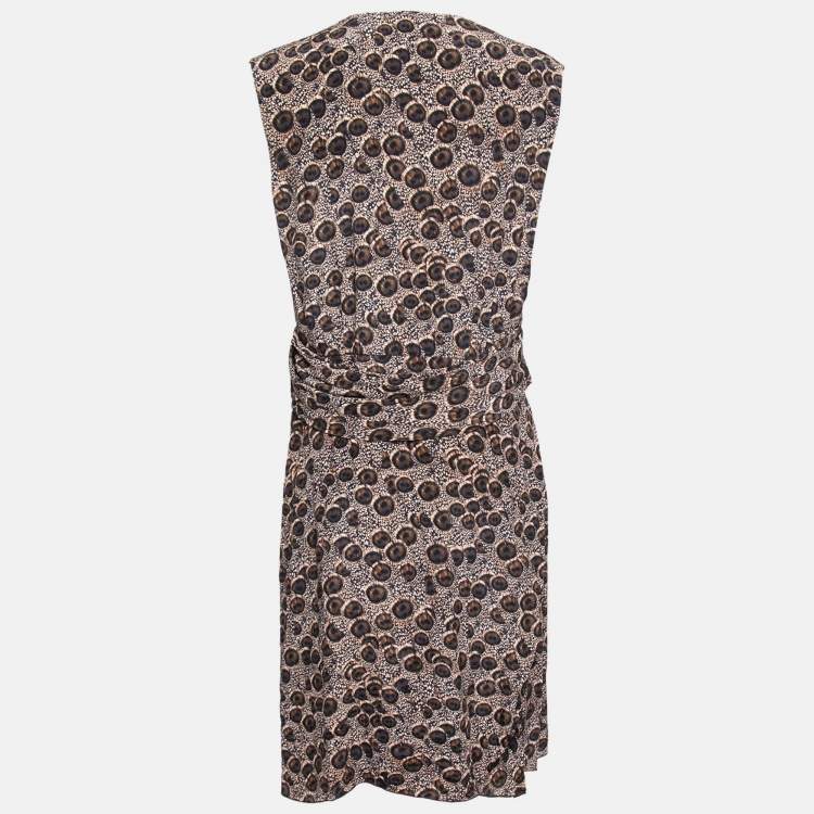 مملوكة مسبقًا Salvatore Ferragamo Brown Peacock Feather Printed Silk Sleeveless Dress L