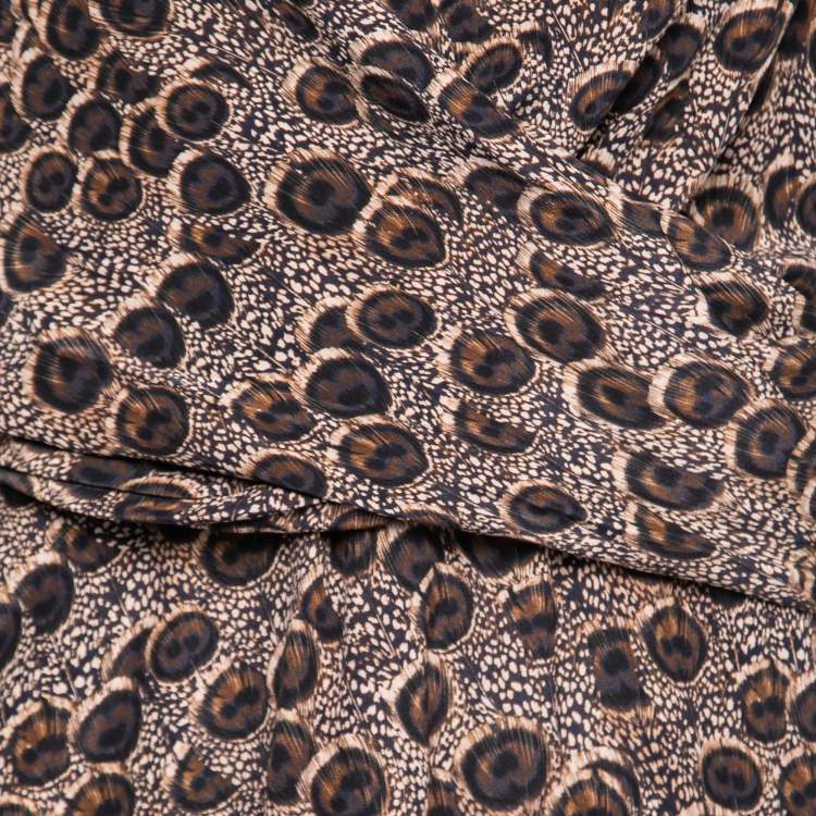 مملوكة مسبقًا Salvatore Ferragamo Brown Peacock Feather Printed Silk Sleeveless Dress L